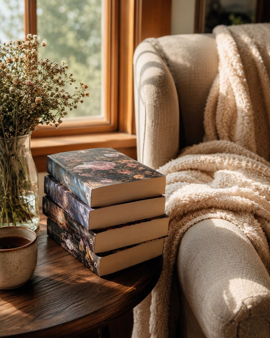 A cozy armchair with a knitted blanket sits by a sunlit window. A wooden table holds a stack of four books, a ceramic cup, and a vase of dried flowers.