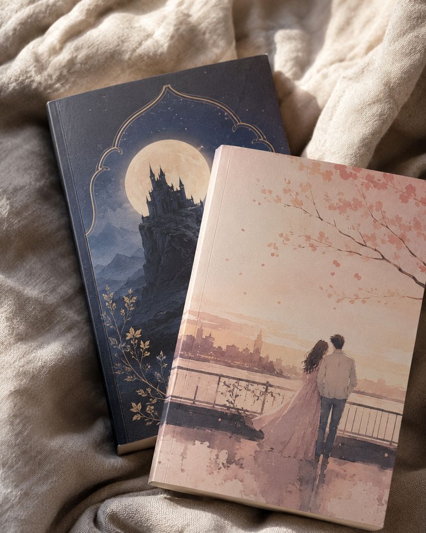 Two illustrated hardcover books on a beige fabric. One has a castle under a full moon, the other shows a couple in elegant clothes gazing at a sunset over a city, with pink cherry blossoms above.