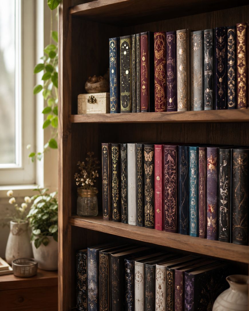 A wooden bookshelf holds rows of ornate, colorful books with gold designs on their spines. Small decorative items and potted plants sit on the shelves and nearby windowsill, with soft natural light streaming in.