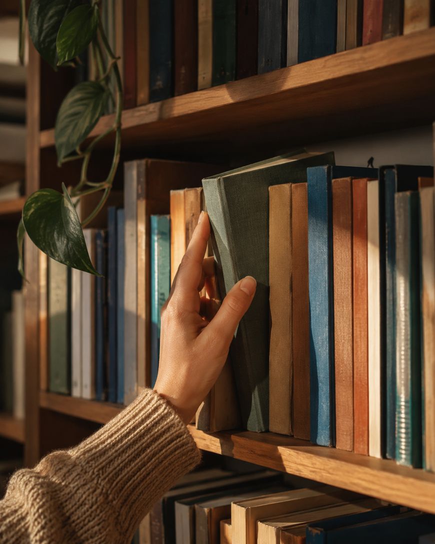 A hand in a brown sweater pulls a dark green book from a wooden bookshelf filled with various books. A leafy plant hangs down from the top shelf. Warm sunlight illuminates the scene.