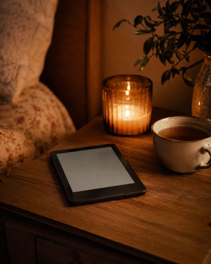 A tablet rests on a wooden nightstand beside a cup of tea, a lit candle, and a vase with greenery, creating a cozy, warm atmosphere.