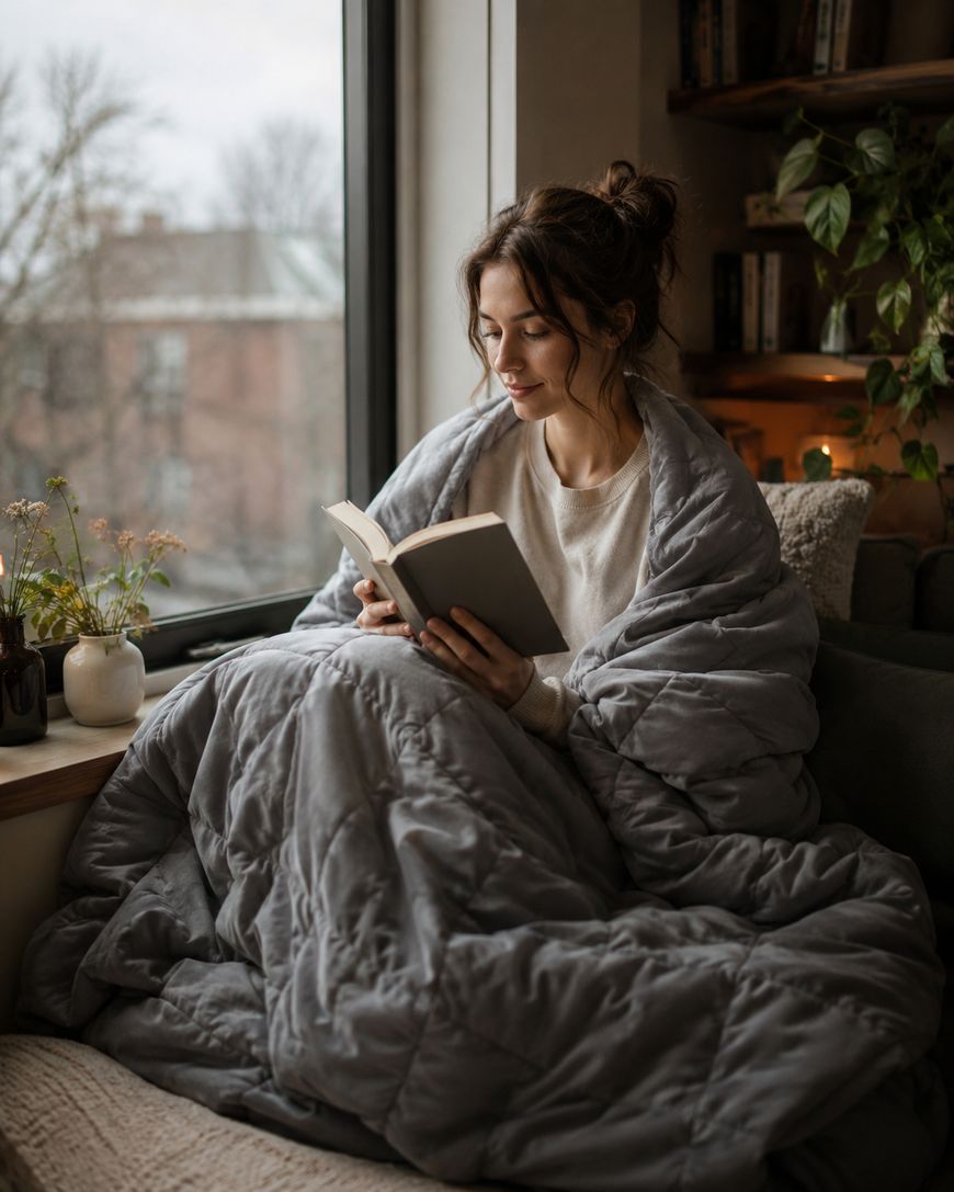 A woman sits by a window wrapped in a gray blanket, reading a book. Plants and bookshelves surround her, with soft natural light coming through the window.