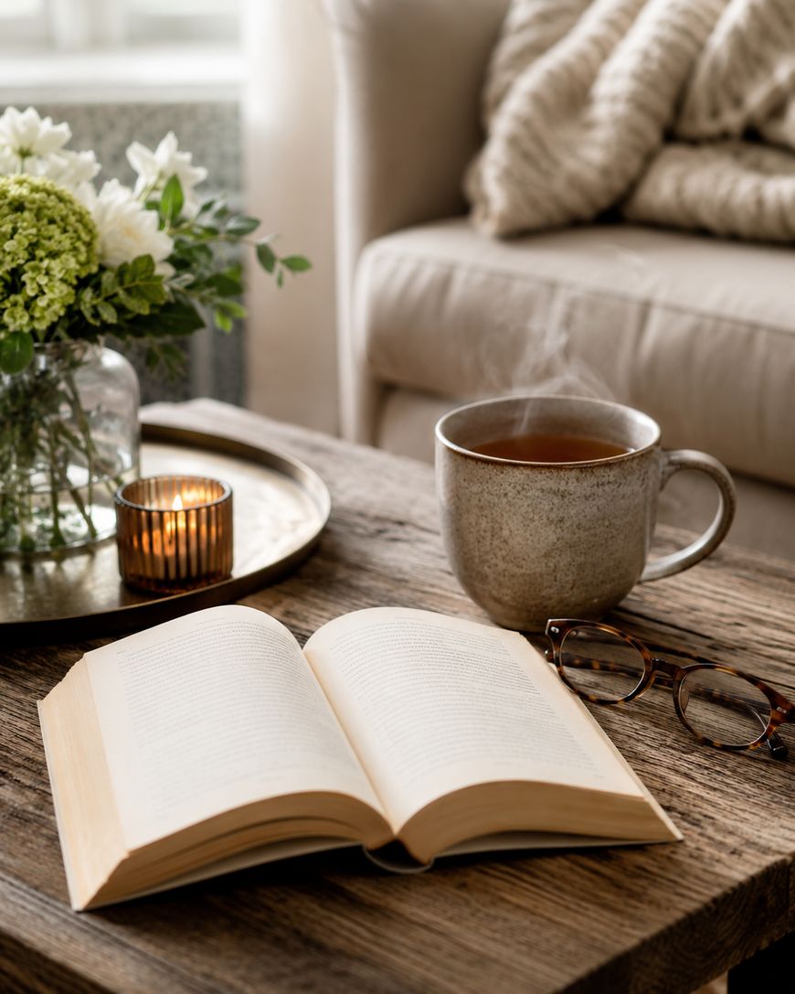 An open book, eyeglasses, and a steaming mug of tea sit on a rustic wooden table. Nearby are a lit candle and a vase of flowers, with a cozy couch and blanket in the background.