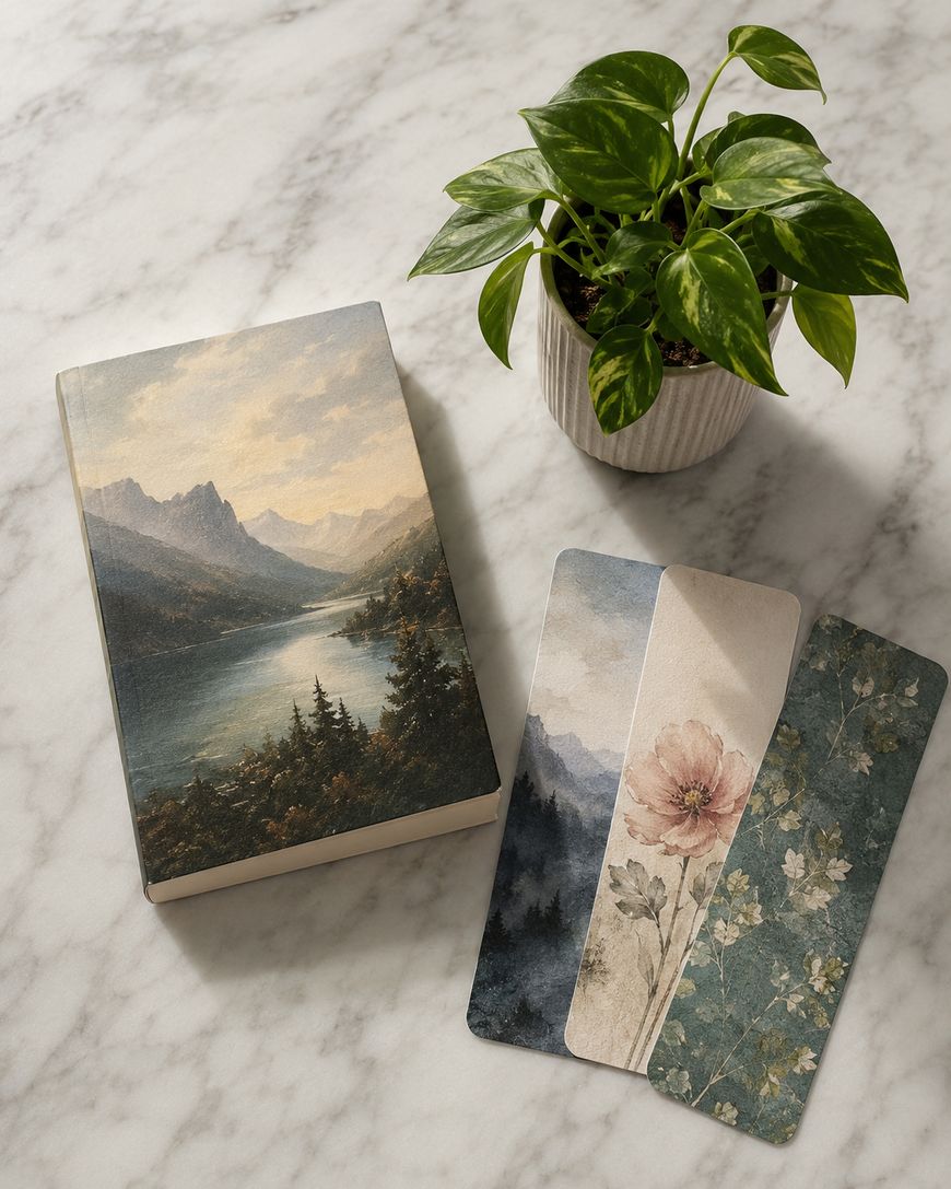 A potted plant, a book with a mountain lake cover, and three floral or nature-themed bookmarks are arranged on a white marble surface.
