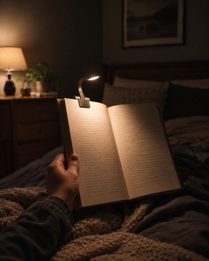 A person reads a book in bed at night, using a small clip-on reading light. The room is dimly lit with warm lighting from a bedside lamp, and blankets are visible on the bed.