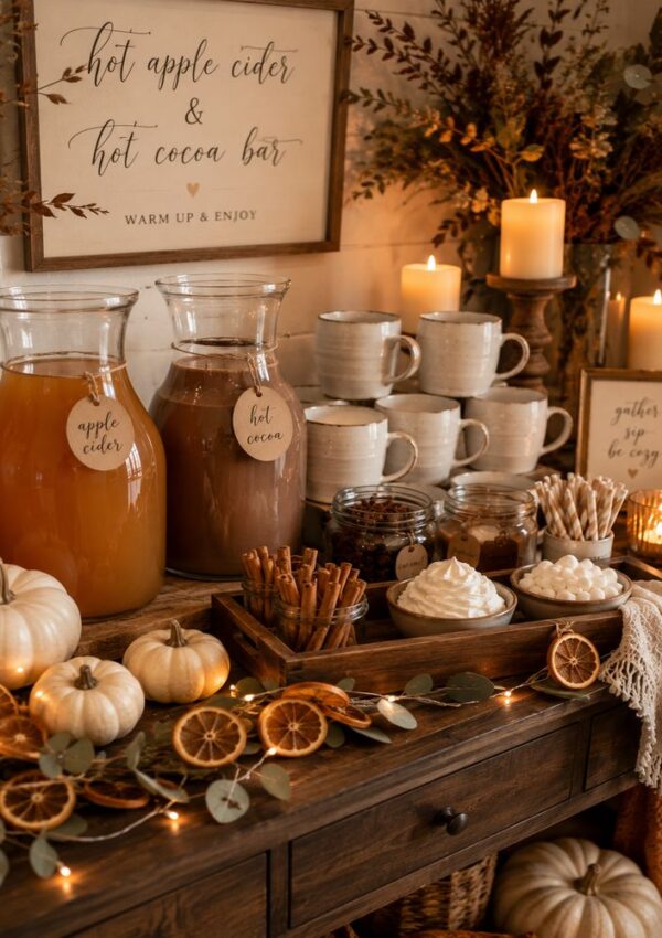 A cozy autumn drink station perfect for Fall Bridal Shower Ideas, featuring apple cider, hot cocoa, jars of toppings, cinnamon sticks, white pumpkins, dried orange slices, candles, and warm decor on a wooden table.