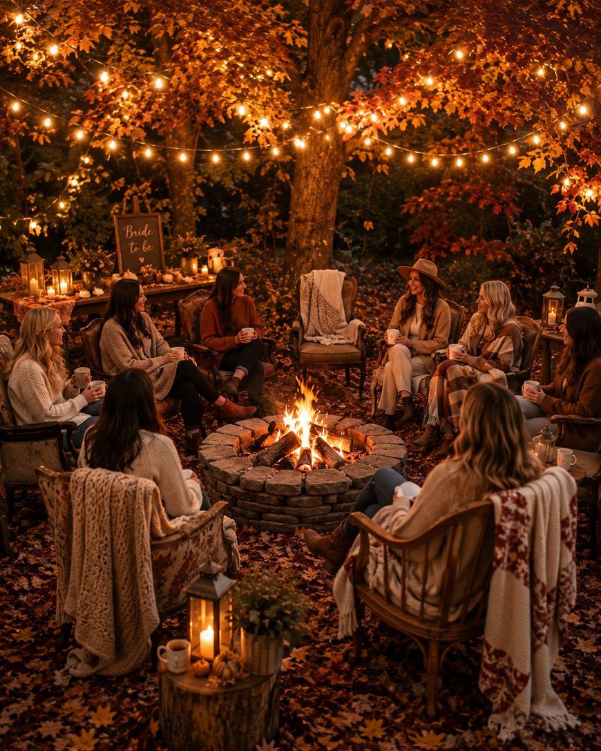 A group of women sit in cozy chairs around a fire pit, surrounded by autumn leaves and string lights. They chat and drink from mugs under colorful fall trees at an outdoor gathering, with a Bride to be sign in the background.