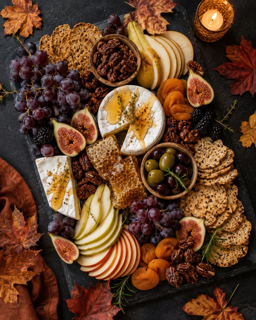A charcuterie board with cheese, honeycomb, grapes, sliced apples and pears, figs, dried apricots, olives, pecans, crackers, and autumn leaves, with a lit candle in the corner on a dark background.