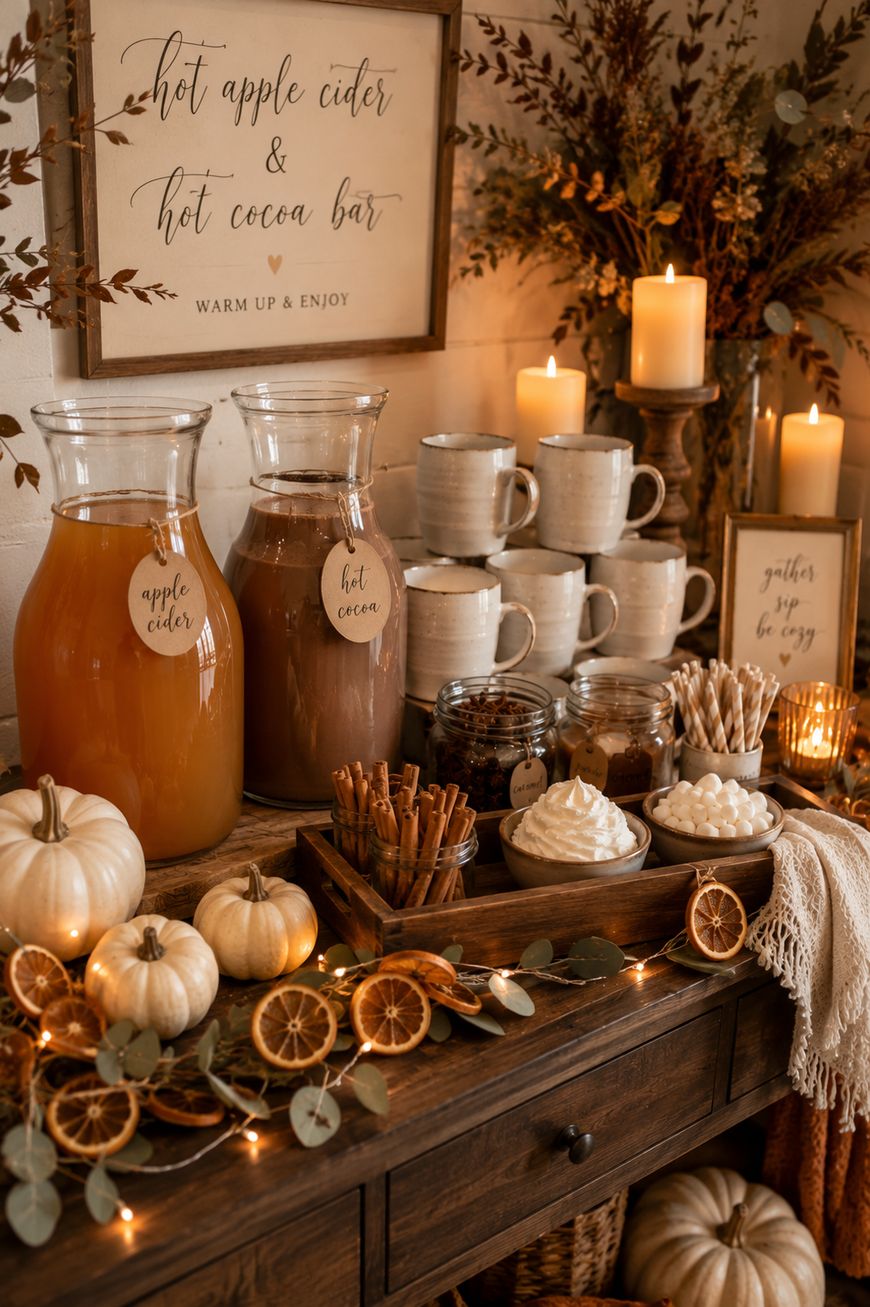 A cozy autumn drink station features pitchers of apple cider and hot cocoa, mugs, candles, small pumpkins, dried orange slices, and toppings like marshmallows and cinnamon sticks, all arranged on a wooden table.