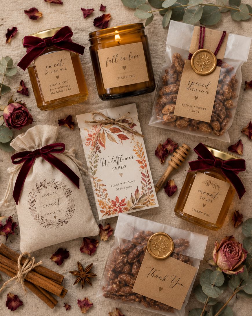A flat lay of autumn-themed wedding favors, including honey jars, spiced nuts, candles, a sachet, and a wildflower seed packet, all decorated with rustic labels, velvet ribbons, dried flowers, and foliage.