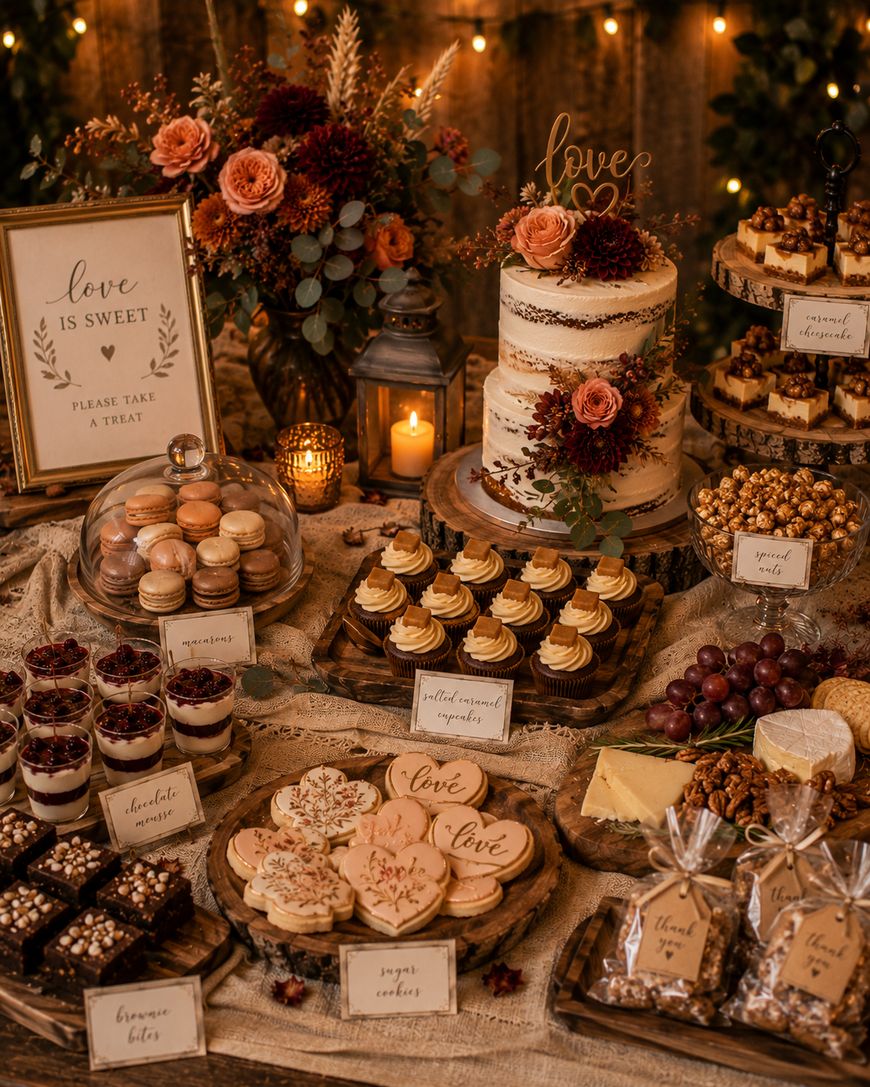 A rustic dessert table with assorted sweets, including a tiered naked cake, cupcakes, cookies, macarons, tarts, and caramel popcorn, decorated with flowers, candles, and a “love is sweet” sign.