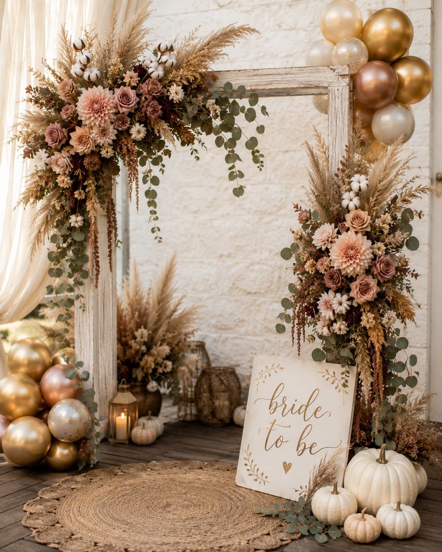 A rustic wedding setup featuring a floral arch with pampas grass, roses, and greenery. Gold and white balloons, pumpkins, lanterns, and a sign reading bride to be decorate the wooden floor.