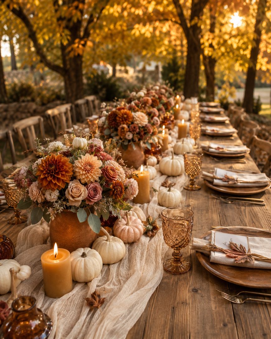A rustic outdoor table set for autumn, decorated with orange and cream flowers, white pumpkins, candles, and amber glassware, surrounded by fall trees with golden leaves in soft sunlight.