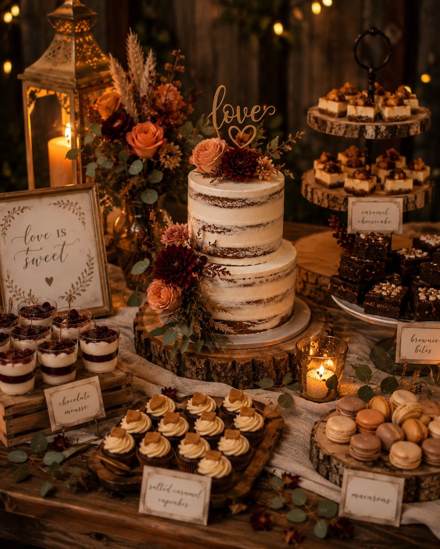 A rustic dessert table with a two-tier semi-naked cake topped with “love” decor, surrounded by cupcakes, macarons, mini parfaits, brownies, flowers, candles, and wooden accents in warm, autumnal colors.