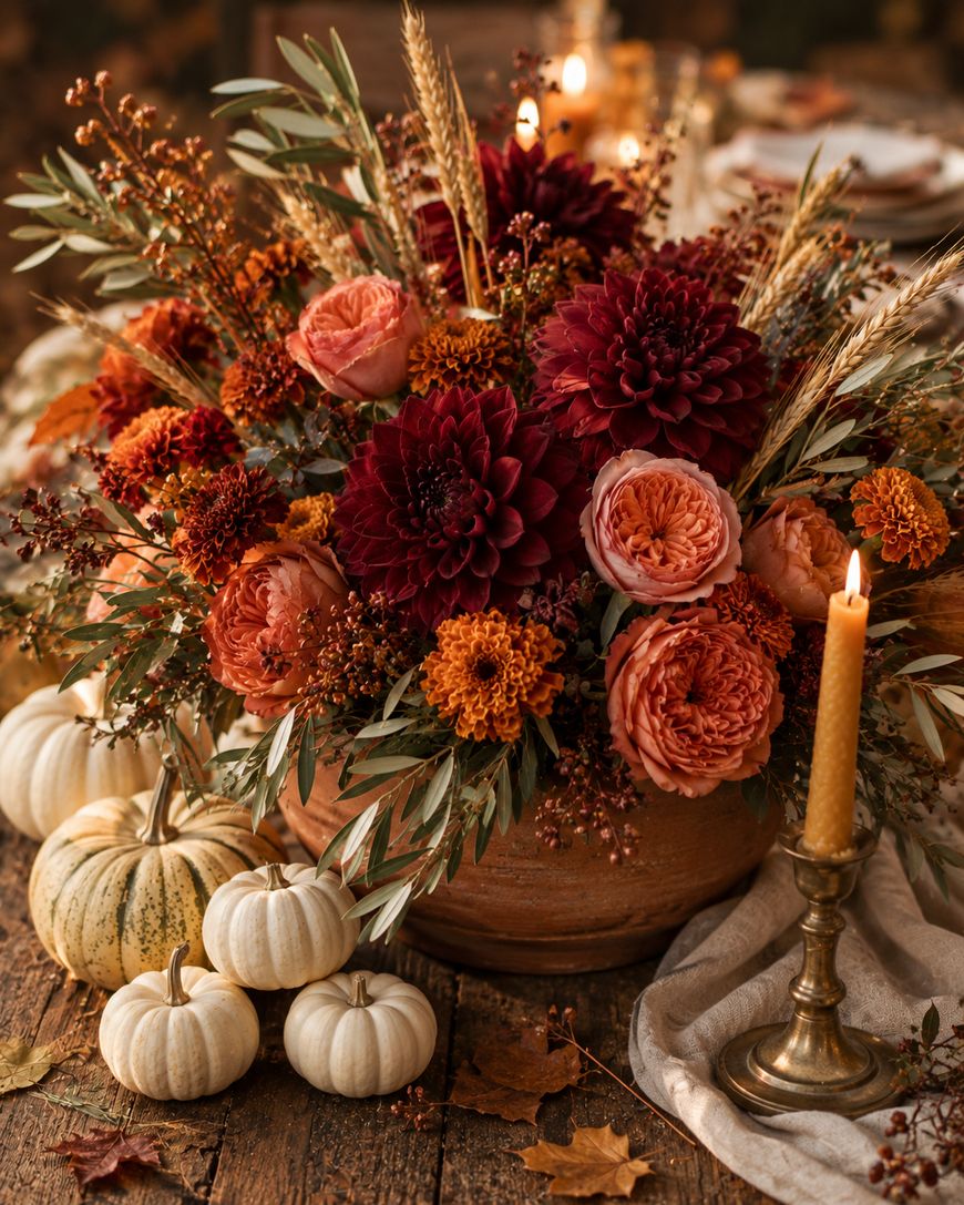 A rustic autumn centerpiece with deep red and orange flowers, greenery, and dried grasses in a ceramic bowl, surrounded by small white pumpkins, a burning candle, and fallen leaves on a wooden table.