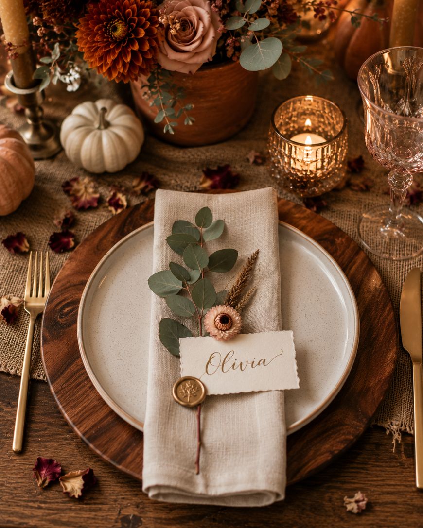 A rustic fall-themed place setting with a plate on a wooden charger, a linen napkin, gold flatware, and a name card reading Olivia; decorated with autumn leaves, flowers, and candles.