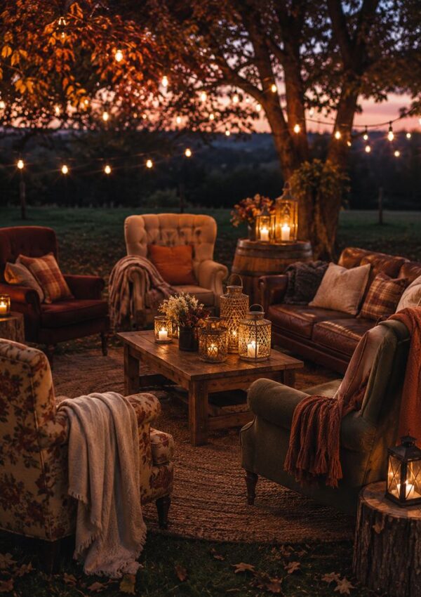 Cozy outdoor seating area under a tree with string lights, vintage armchairs, a sofa, blankets, and lanterns on wooden tables, creating a warm autumn evening ambiance.