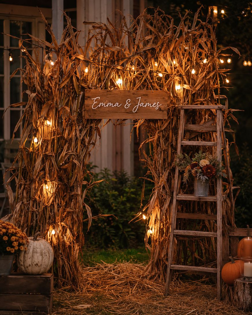 Rustic wedding arch made of dried corn stalks with string lights, a wooden sign reading Emma & James, a wooden ladder with flowers, pumpkins, and hay bales in a cozy outdoor setting.