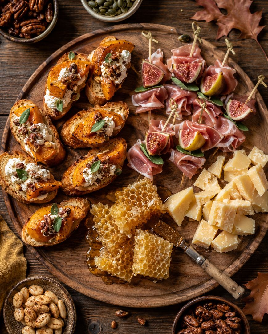 A wooden platter with fig and prosciutto skewers, sliced cheese, honeycomb, crostini topped with ricotta, herbs, and roasted squash. Small bowls of nuts and seeds are nearby. Autumn leaves accent the scene.