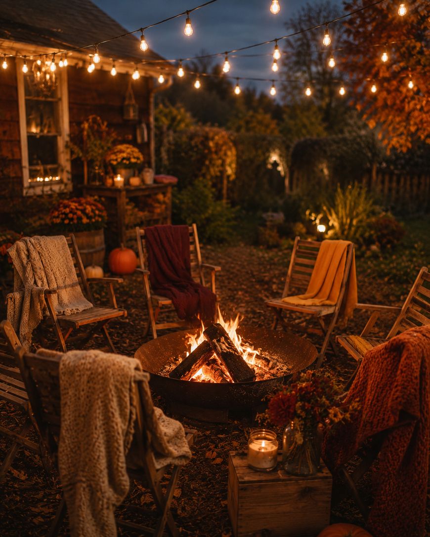 A cozy outdoor fire pit is surrounded by wooden chairs draped with blankets. String lights hang overhead, creating a warm glow. Autumn leaves, pumpkins, and candles enhance the inviting, rustic setting.