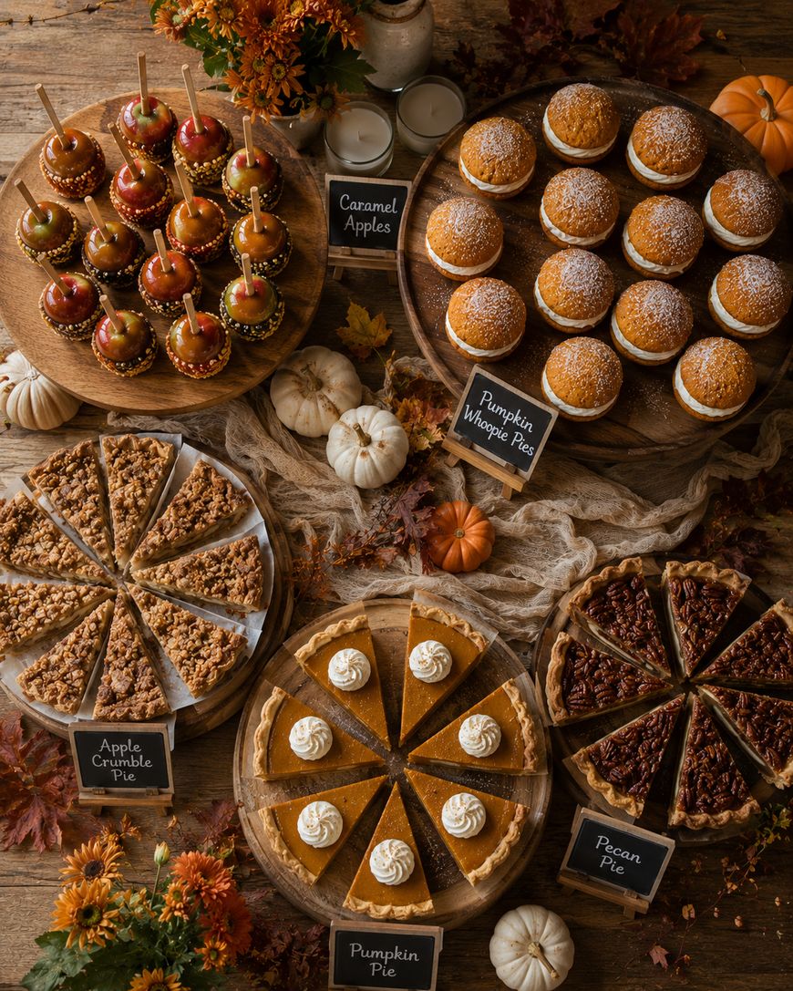 An autumn dessert table with caramel apples, pumpkin whoopie pies, apple crumble pie, pumpkin pie, and pecan pie, surrounded by mini pumpkins and fall leaves.