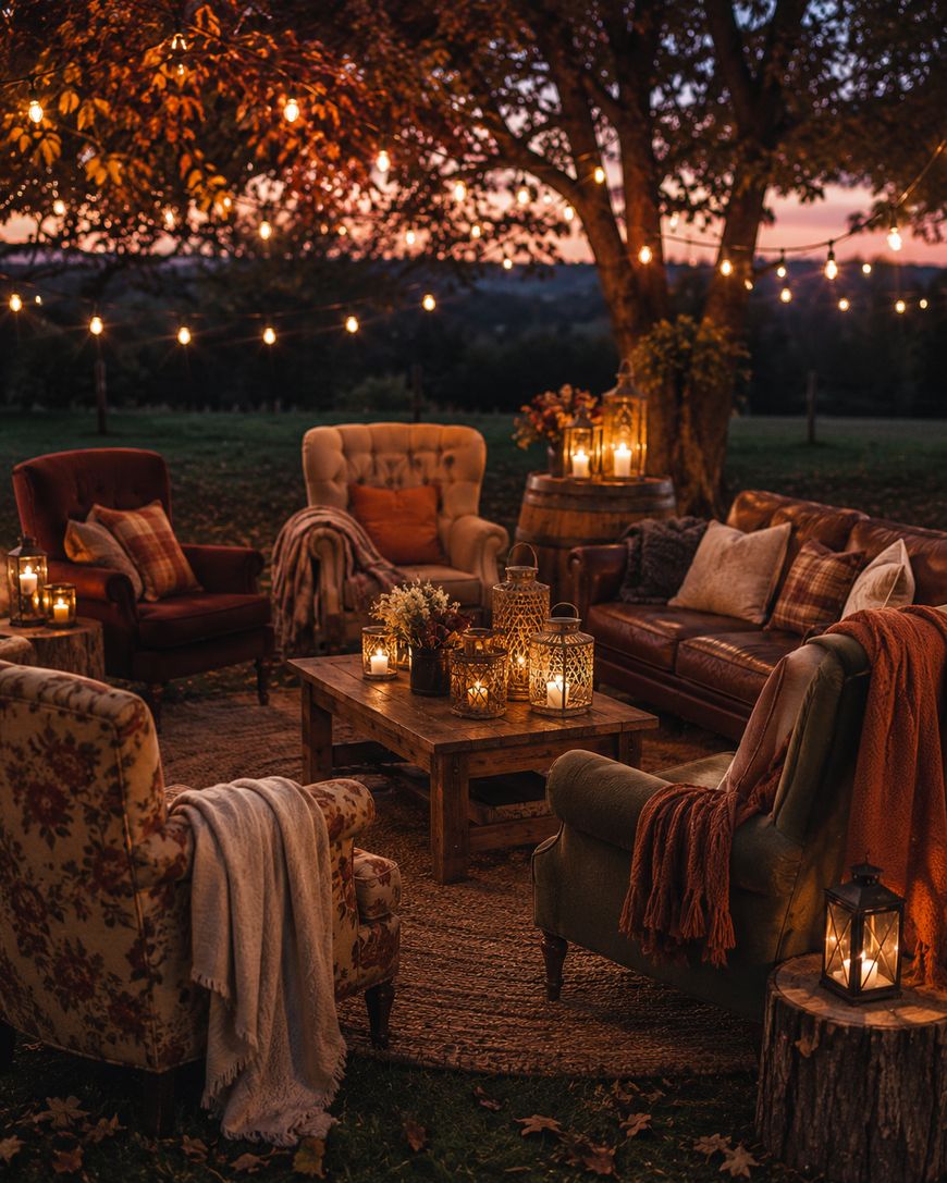 Cozy outdoor seating area under a tree at sunset with armchairs, a sofa, string lights, candles, and blankets, creating a warm autumn atmosphere.