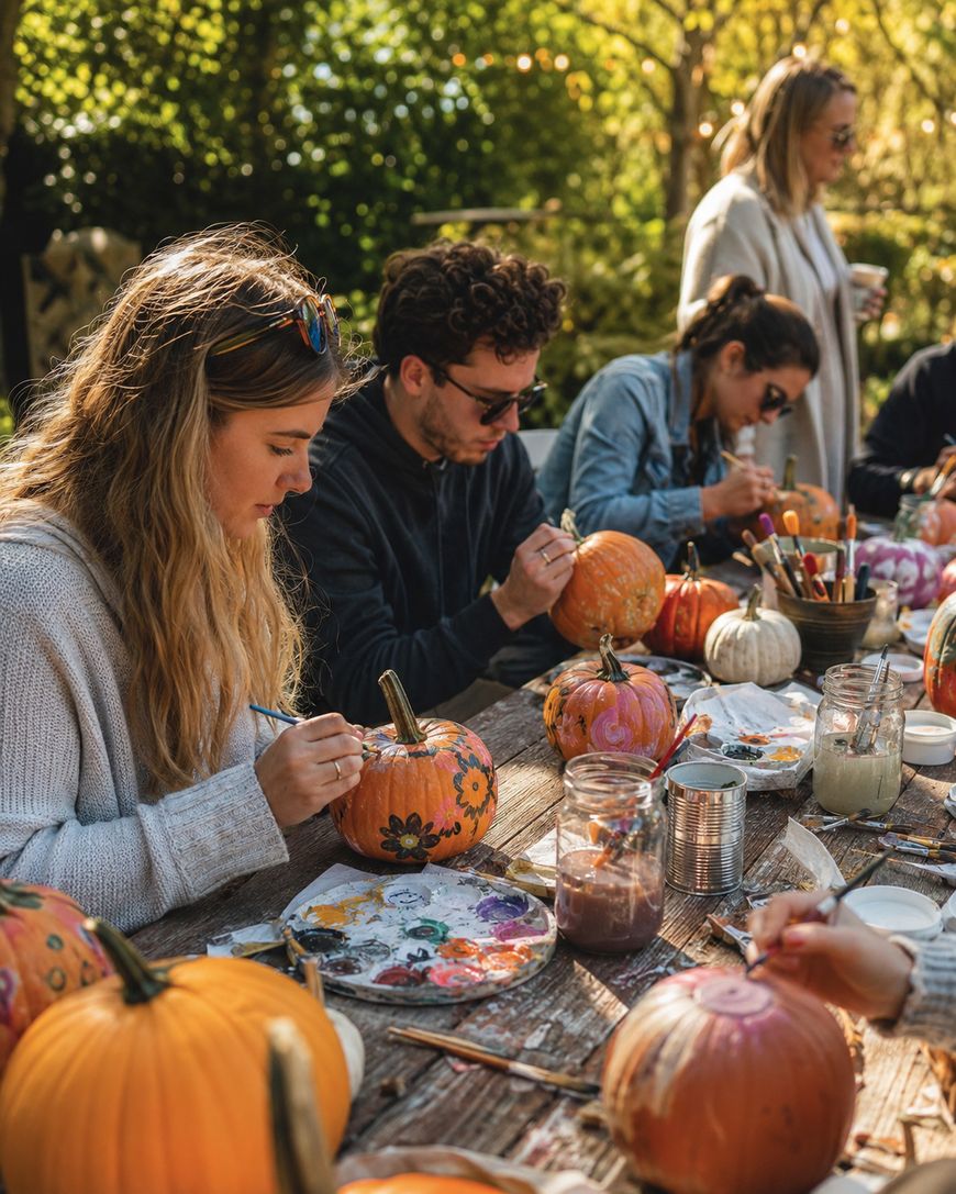 People sit at a wooden table outdoors, painting pumpkins with brushes. The table is covered with art supplies, jars, and colorful painted pumpkins. Sunlight filters through trees in the background.