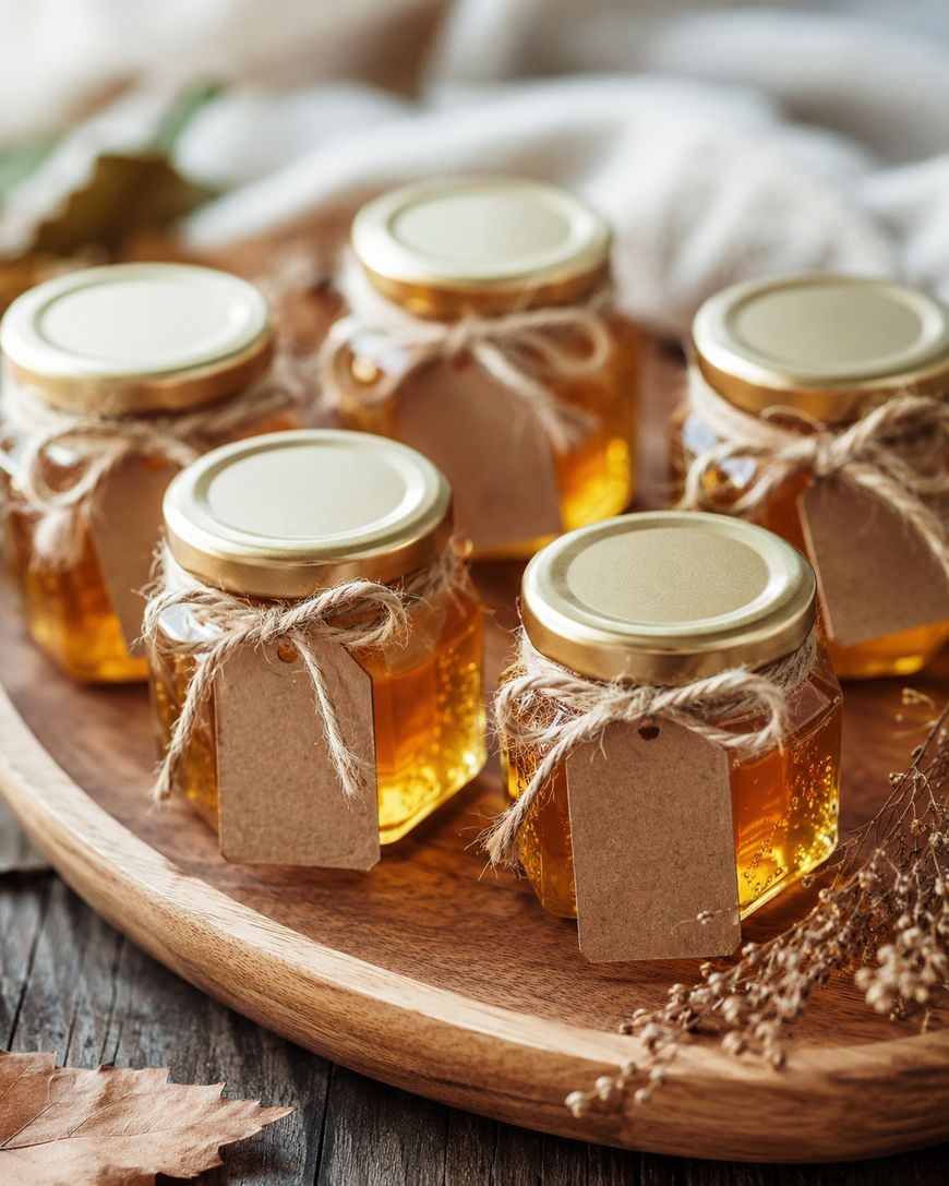 Five small glass jars of honey with gold lids sit on a wooden tray. Each jar has a blank brown tag tied with twine. Dried leaves and plants are scattered around on a rustic wooden surface.
