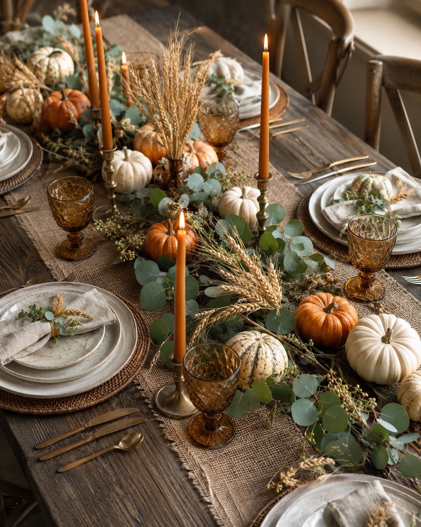 A rustic autumn table setting with orange and white pumpkins, wheat, greenery, amber glasses, candles, and neutral plates on a wooden table, evoking a warm, festive atmosphere.