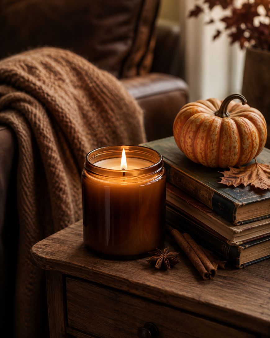 A lit brown candle sits on a wooden table beside old books, cinnamon sticks, a small striped pumpkin, and autumn leaves. A cozy brown blanket is draped over a leather chair in the background.