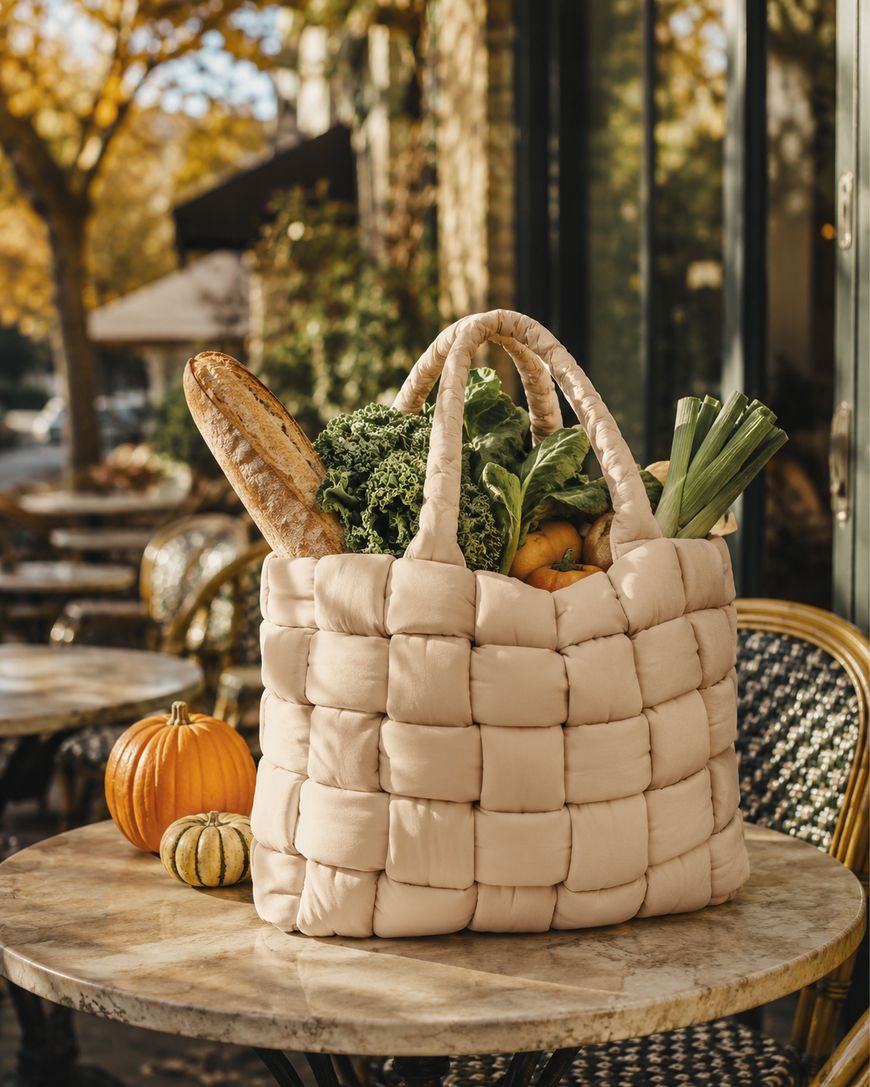 A woven beige bag filled with bread, kale, and leeks sits on a round outdoor table next to two small pumpkins. Autumn trees and a café setting are in the background.