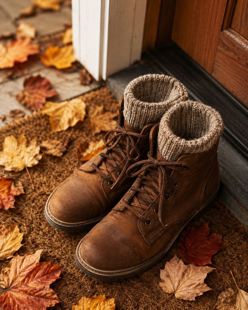 A pair of brown leather boots with knitted socks inside sit on a doormat surrounded by autumn leaves near a wooden door.