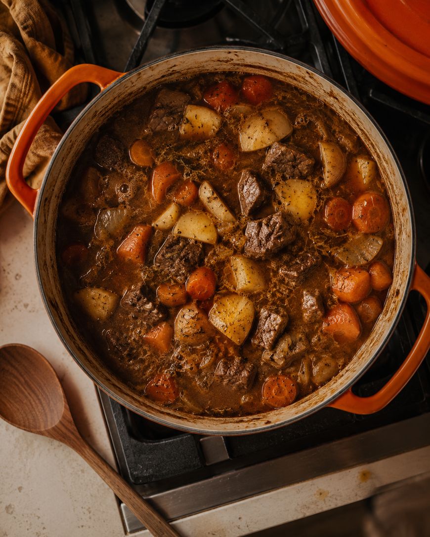 A pot of beef stew with chunks of beef, potatoes, carrots, and onions in a rich broth sits on a stovetop next to a wooden spoon and an orange lid.