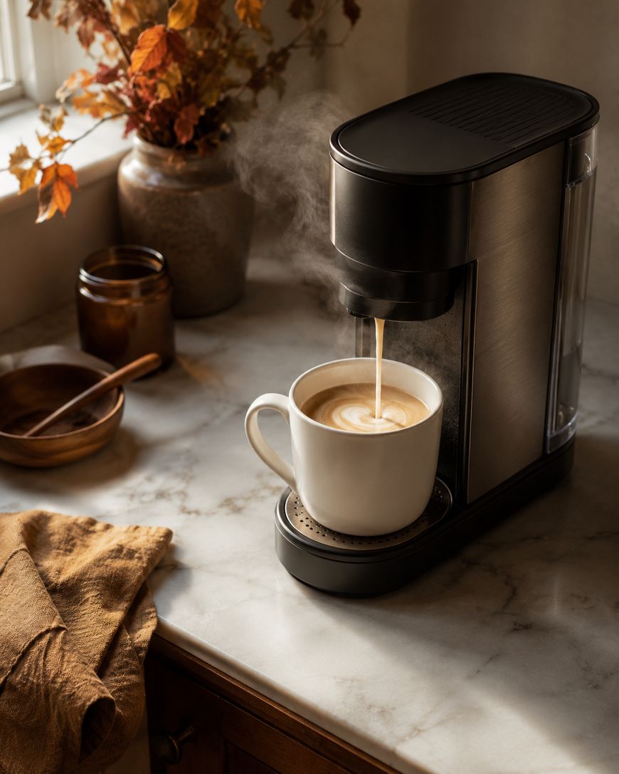 A coffee machine pours a creamy latte into a white mug on a marble countertop, with steam rising and autumn decor and a brown cloth napkin nearby.