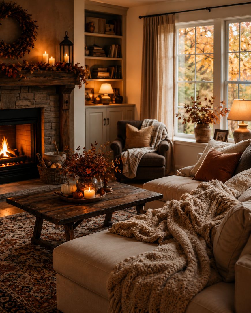 Cozy living room with a lit fireplace, autumn decor, candles on a wooden coffee table, a beige sofa with a knit blanket, bookshelves, and large windows showing fall foliage outside. Warm, inviting atmosphere.