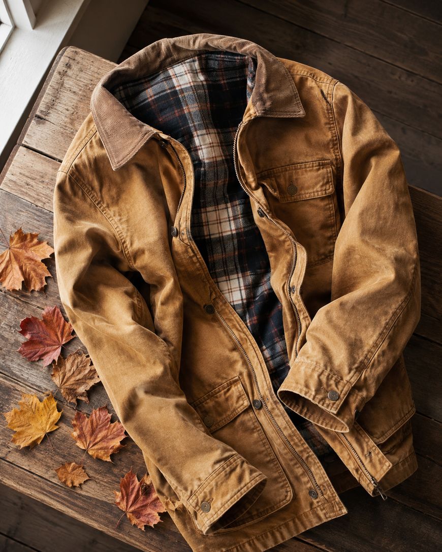 A brown canvas jacket with a plaid flannel lining is laid on a rustic wooden table, surrounded by scattered autumn leaves.