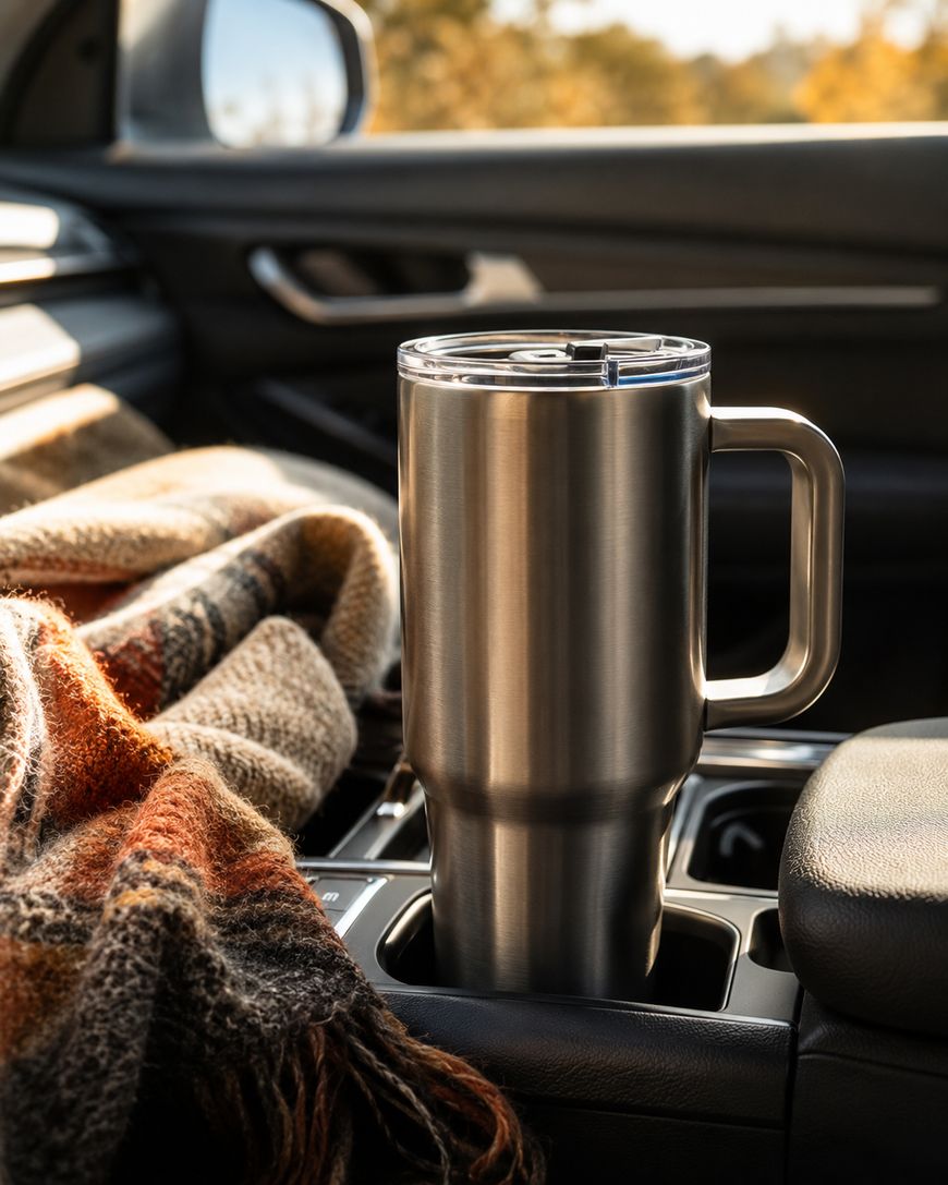 A stainless steel travel mug sits in a car’s cup holder next to a cozy, multicolored blanket. Sunlight streams through the window, highlighting the mug and interior.