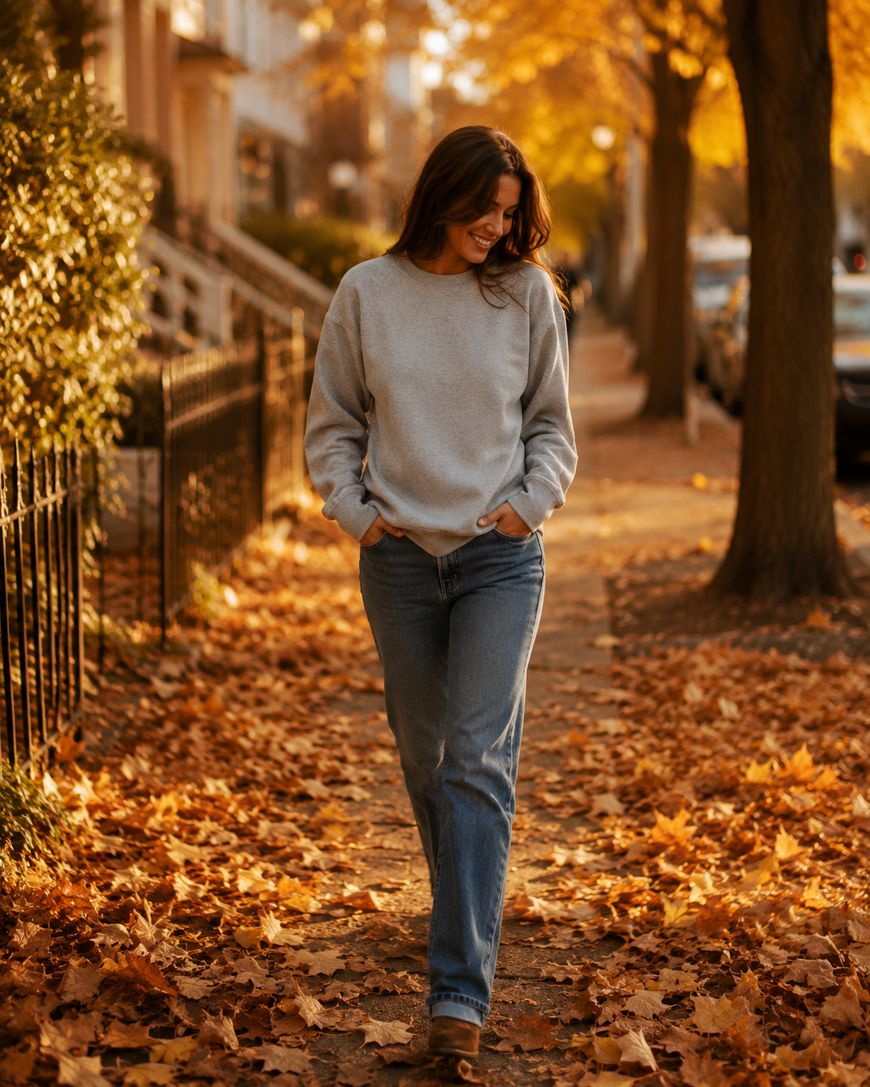 A woman wearing a gray sweater and jeans walks on a sidewalk covered with autumn leaves, smiling and looking down, with trees and houses in the background.