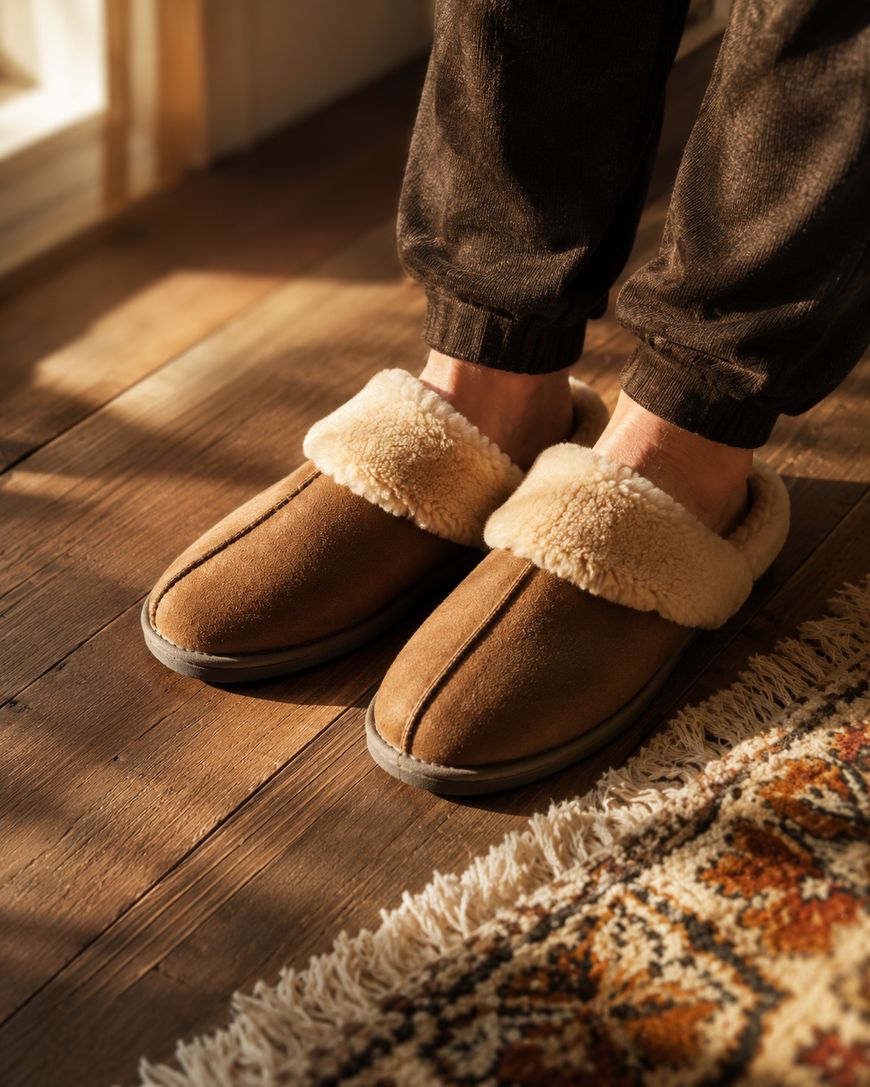 A person wearing cozy brown slippers with soft, fluffy lining stands on a wooden floor next to a patterned rug in warm sunlight.