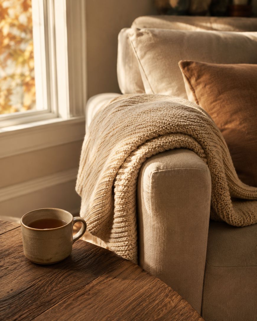 A cozy beige sofa with a knitted blanket and brown pillow sits by a sunlit window. A ceramic mug with a hot drink rests on a rustic wooden table in the warm, inviting room.