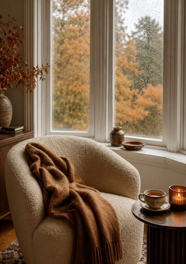 A cozy armchair with a brown blanket sits by a window on a rainy day. A lit candle and a cup of tea rest on a small table, with autumn trees visible outside.