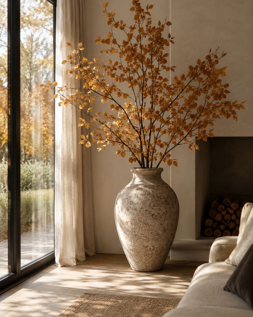 Large ceramic vase with autumn branches sits by a sunlit window, next to sheer curtains and a cozy sofa in a warm, neutral-toned living room. Firewood is stacked by a fireplace in the background.