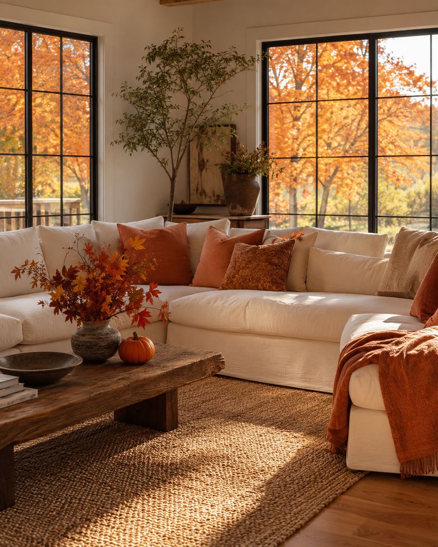 Sunlit living room with white sectional sofa, orange and brown pillows, autumn decor, wooden coffee table, jute rug, and large windows showing trees with vibrant fall foliage outside.