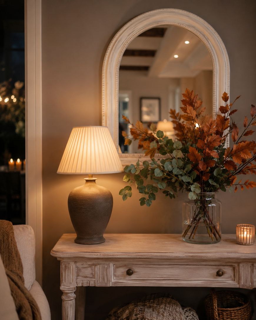 A cozy entryway table with a beige lamp, a glass vase of autumn foliage, a lit candle, and a mirror on the wall. Warm lighting creates a comfortable, inviting atmosphere.