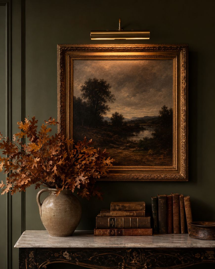 A framed landscape painting hangs above a marble-topped table with old books, a ceramic vase, and brown autumn leaves, set against a dark green wall.