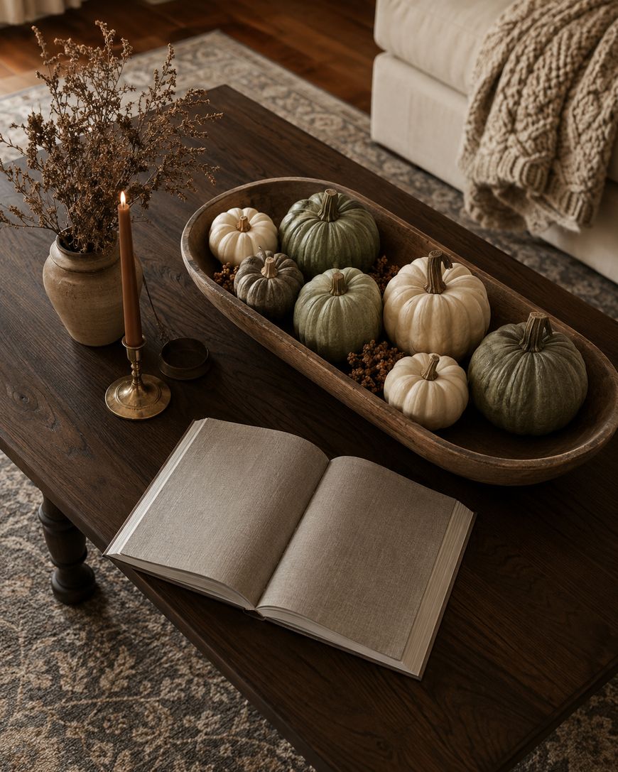 A cozy coffee table with a brass candle, vase of dried flowers, open book, and a wooden tray holding green and white decorative pumpkins, set in a warm, inviting living room.