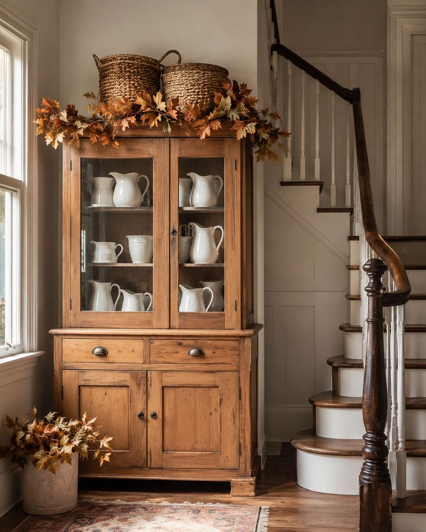 A wooden cabinet with glass doors holds white pitchers. Two wicker baskets and fall leaves decorate the top. Autumn leaves fill a vase below. A wooden staircase curves nearby, all lit by natural light from a window.