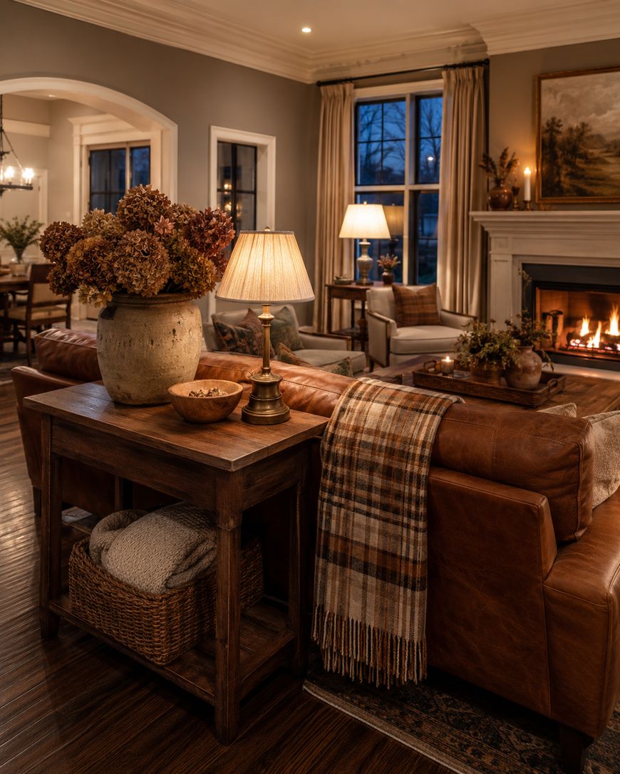 Cozy living room with brown leather sofas, plaid throw, wooden tables, warm lamp light, a lit fireplace, and autumn decor. Large windows and neutral walls create a welcoming, elegant atmosphere.