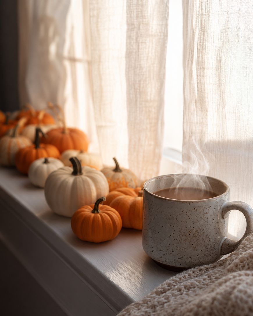 A steaming mug sits on a windowsill beside small orange and white pumpkins, with sunlight filtering through sheer curtains and a cozy knit blanket nearby.