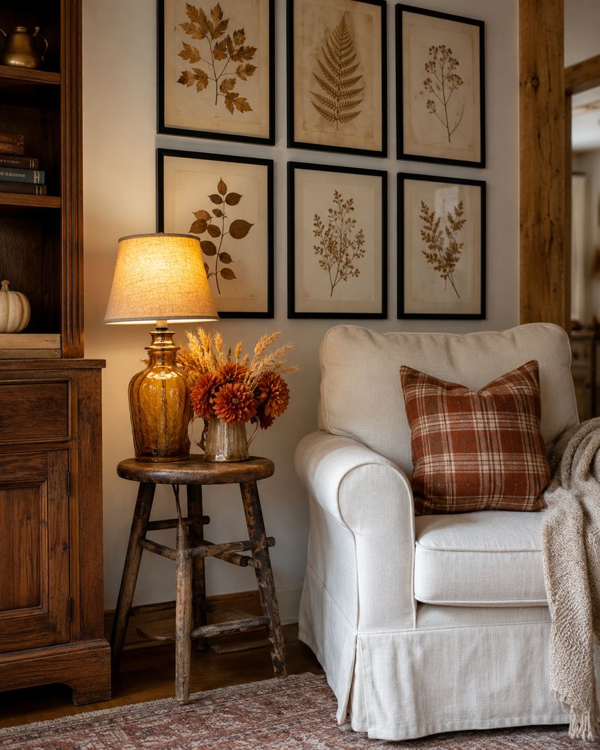 Cozy living room with a white armchair, plaid pillow, wooden side table, lamp, and autumn flowers. Six framed botanical prints hang on the wall above the chair. Warm, rustic decor throughout.